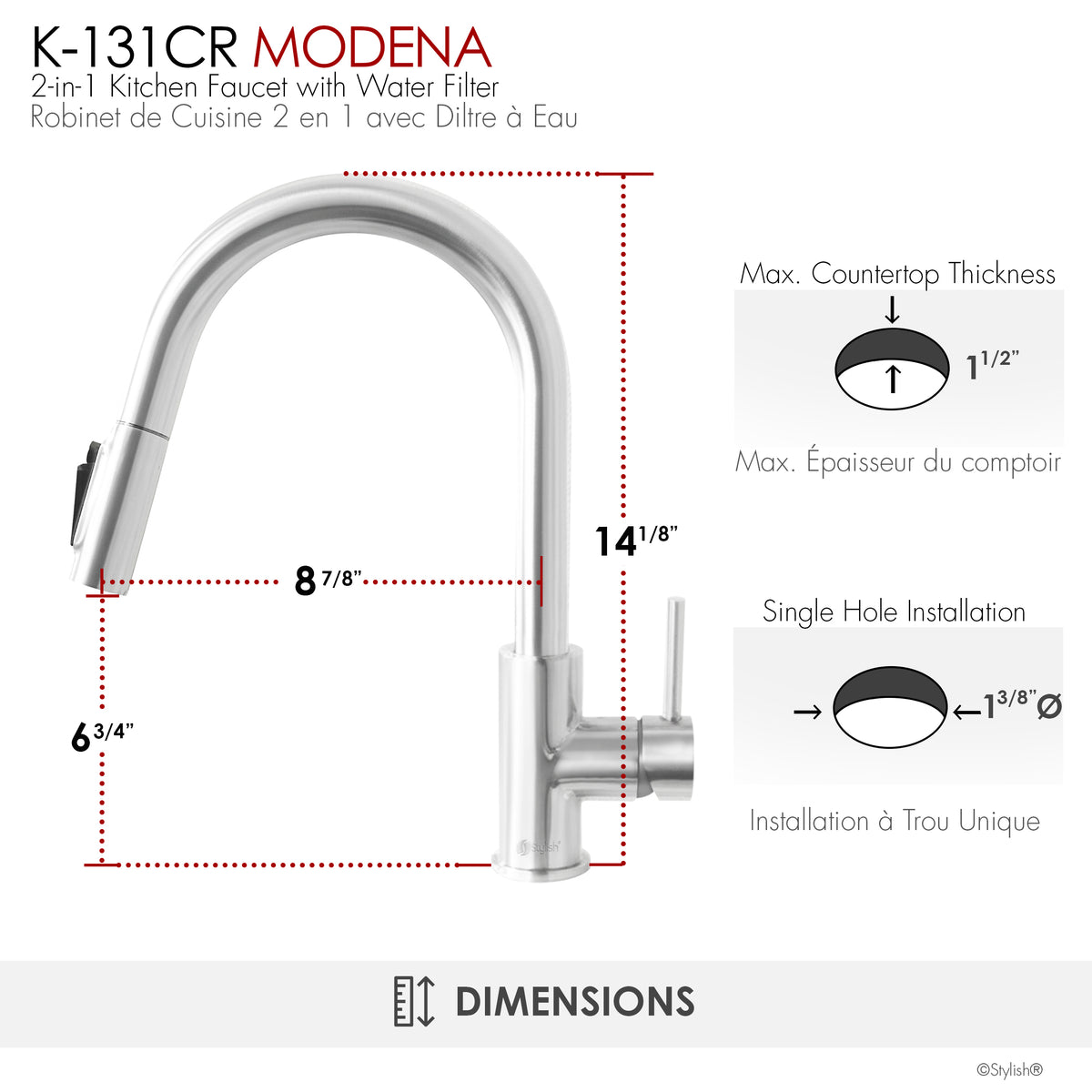 Stylish Modena Single Handle Pull Down Kitchen Faucet with Reverse Osmosis Polish Chrome K-131CR