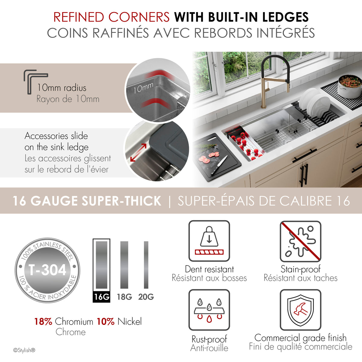 Stylish Versa 42" Workstation 70/30 Double Bowl Undermount 16 Gauge Stainless Steel Kitchen Sink with Black Accessories Included S-642WK