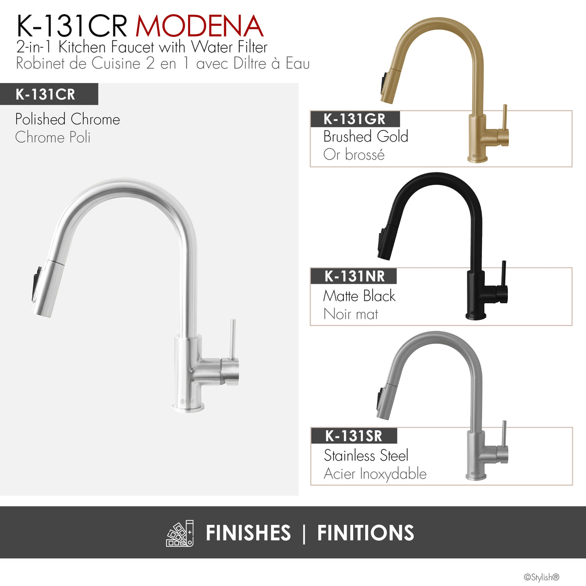 Stylish Modena Single Handle Pull Down Kitchen Faucet with Reverse Osmosis Polish Chrome K-131CR
