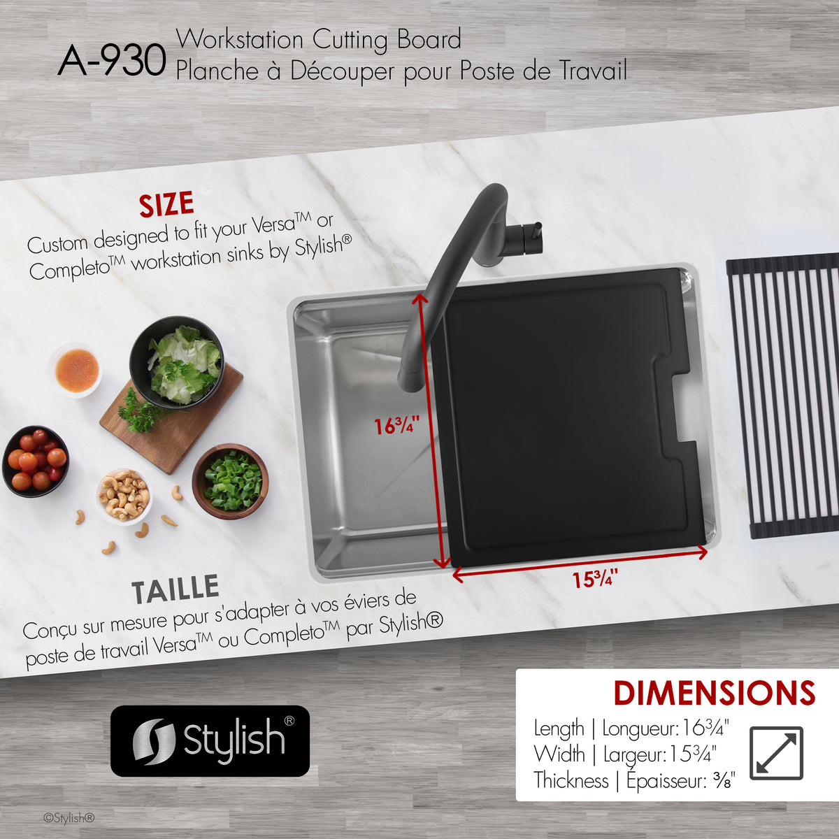 Stylish Wood Fiber Workstation Sink Black Cutting Board A-930