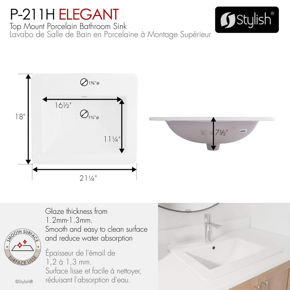 Stylish 21 1/4" Topmount White Glossy Basin Bathroom Sink Set of 2 P-211H-2
