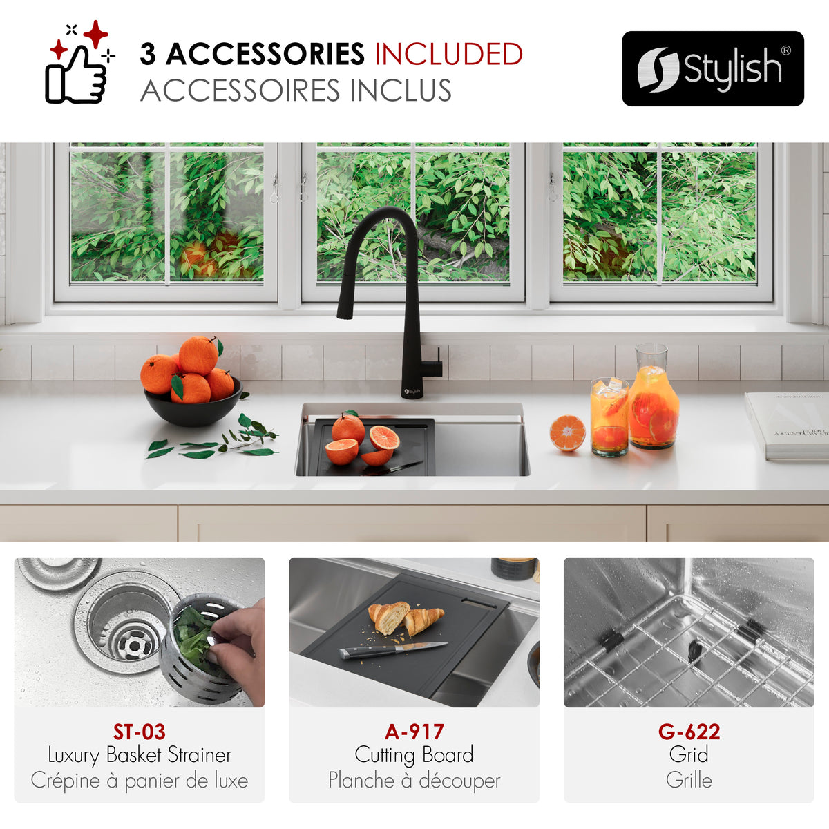Stylish Versa 22" Workstation Single Bowl Undermount 16 Gauge Stainless Steel Kitchen Sink with Black Cutting Board Included S-622WK