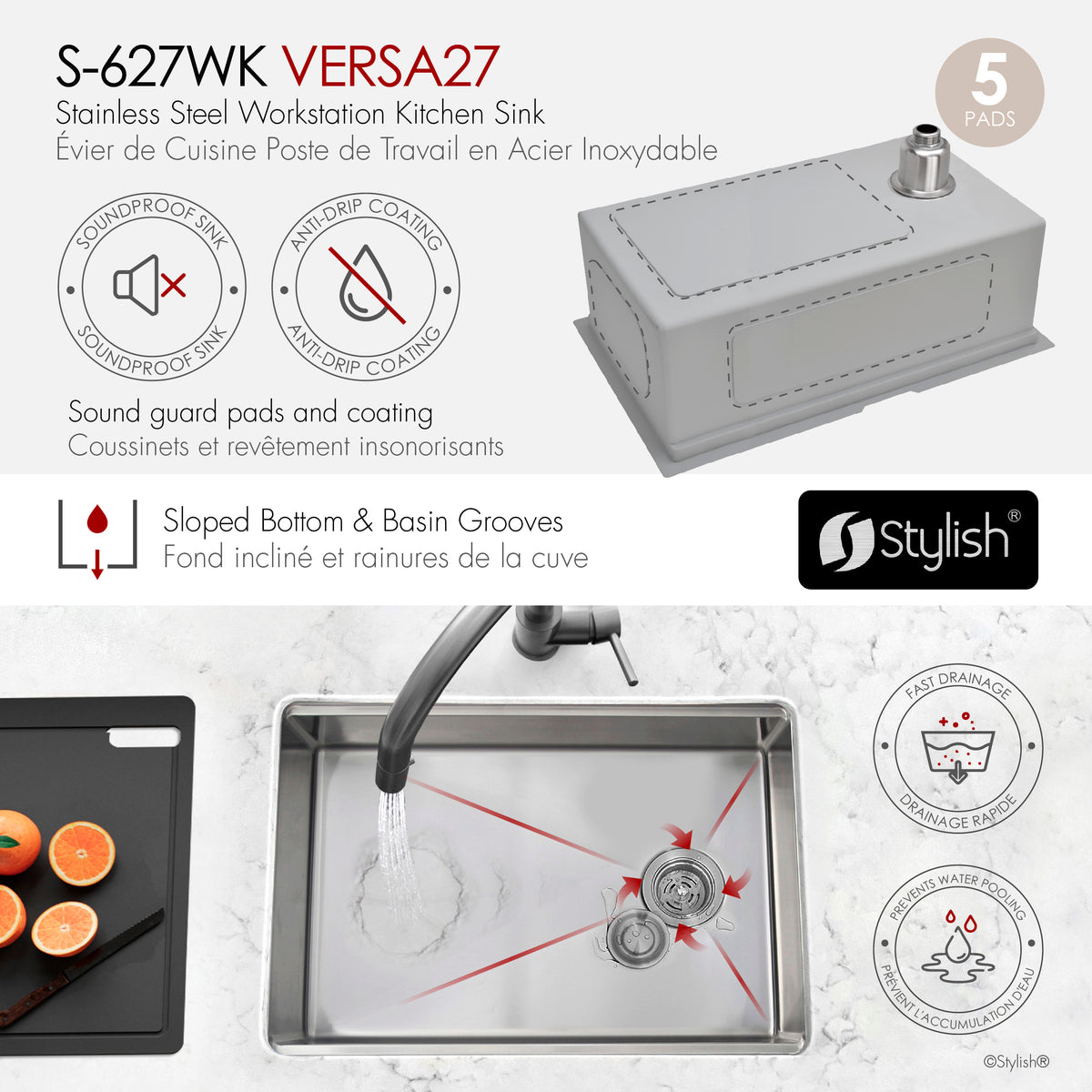 Stylish Versa 27" Workstation Single Bowl Undermount 16 Gauge Stainless Steel Kitchen Sink with Black Accessories Included S-627WK