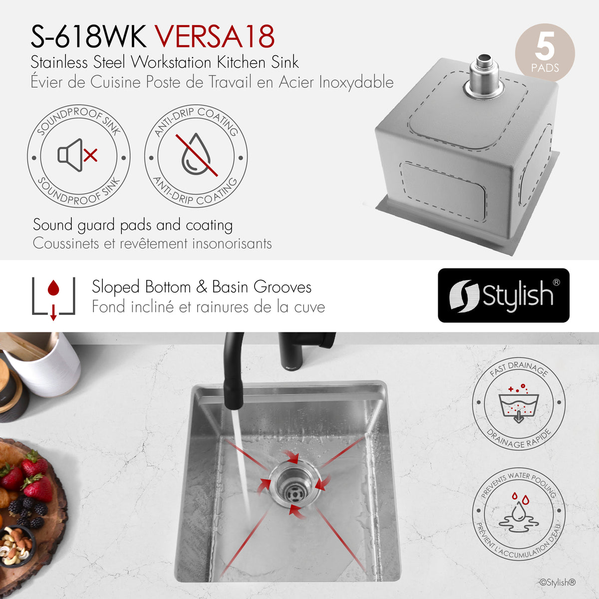 Stylish Versa 18" Workstation Single Bowl Undermount 16 Gauge Stainless Steel Kitchen Sink with Black Cutting Board Included S-618WK