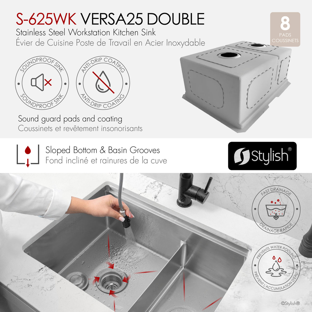 Stylish Versa 25" Workstation 60/40 Double Bowl Undermount 16 Gauge Stainless Steel Kitchen Sink with Black Accessories Included S-625WK
