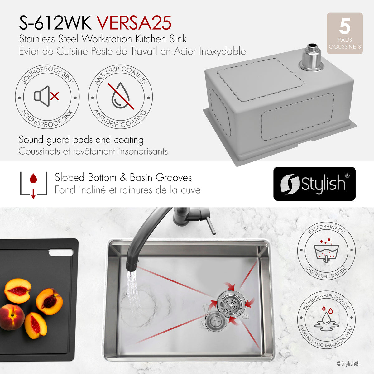 Stylish Versa 25" Workstation Single Bowl Undermount 16 Gauge Stainless Steel Kitchen Sink with Black Accessories Included S-612WK