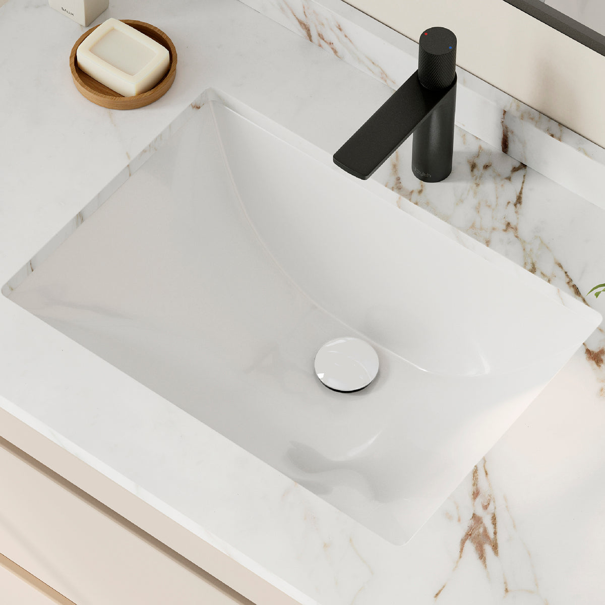 Stylish Sharp 21" White Porcelain Undermount Basin Bathroom Sink with Ceramic Pop Up Drain Included P-203D