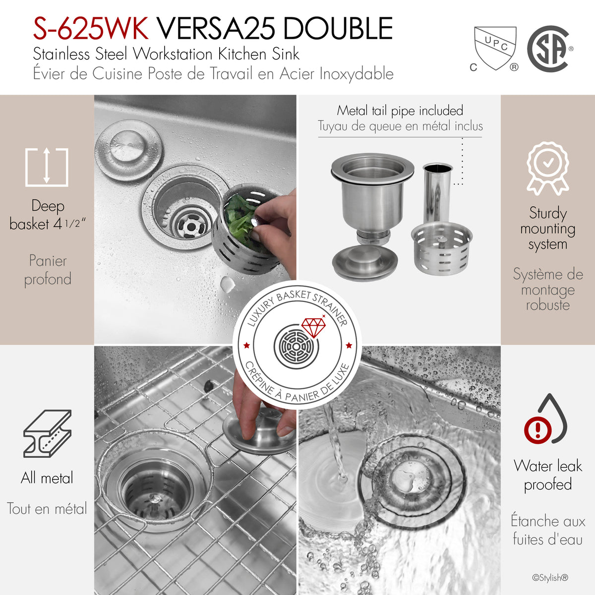 Stylish Versa 25" Workstation 60/40 Double Bowl Undermount 16 Gauge Stainless Steel Kitchen Sink with Black Accessories Included S-625WK