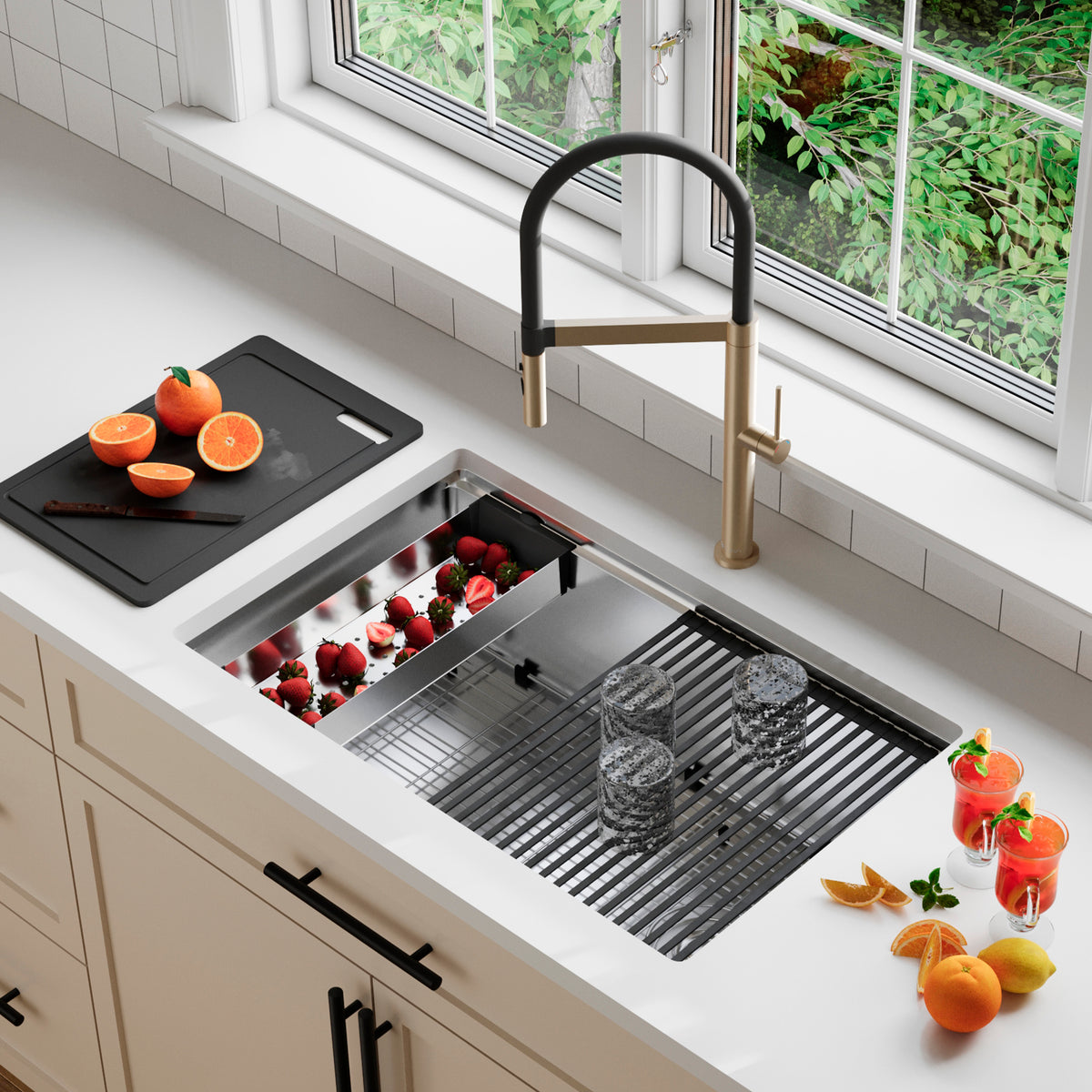 Stylish Versa 30" Workstation Single Bowl Undermount 16 Gauge Stainless Steel Kitchen Sink with Black Accessories Included S-611WK