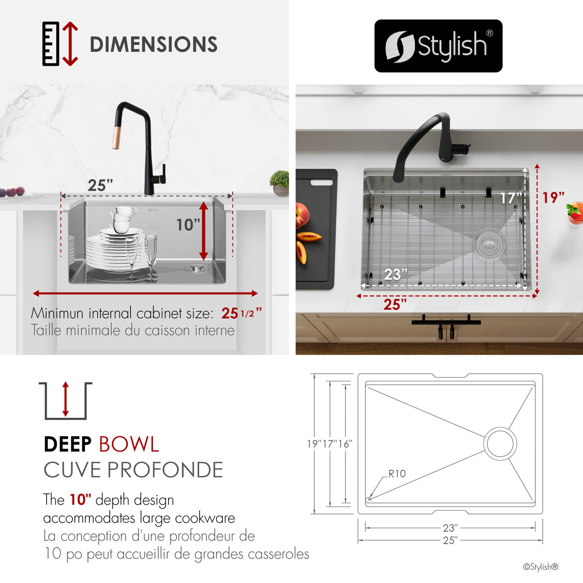 Stylish Versa 25" Workstation Single Bowl Undermount 16 Gauge Stainless Steel Kitchen Sink with Black Accessories Included S-612WK