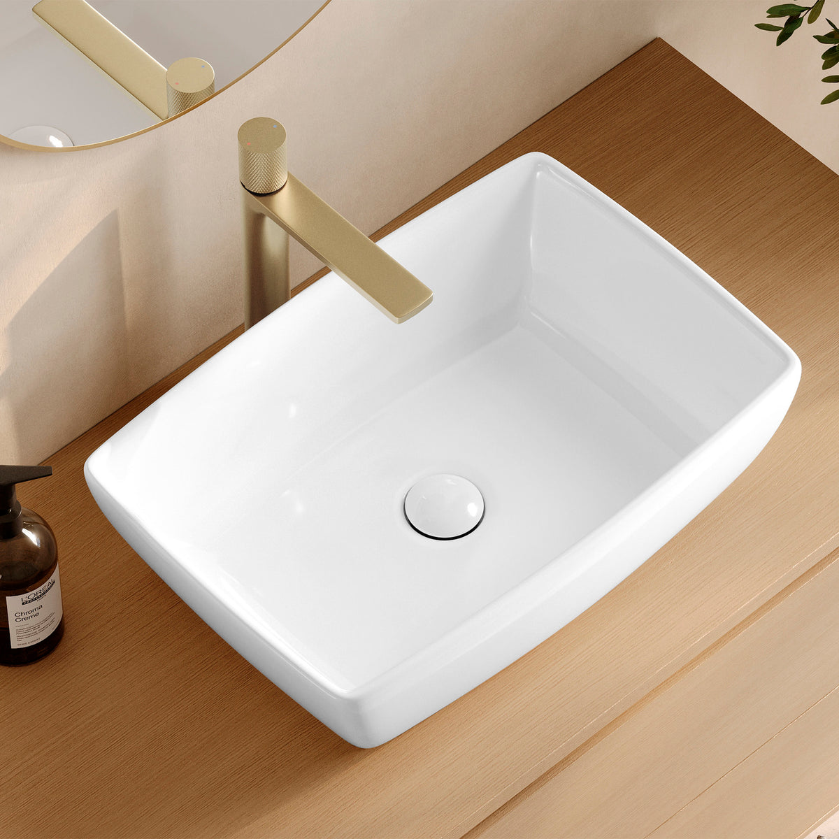 Stylish Contempo 19" White Glossy Rectangular Vessel Bathroom Sink with Ceramic Pop Up Drain P-220D