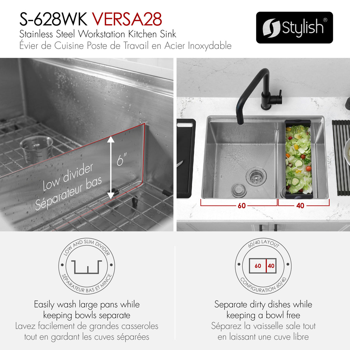 Stylish Versa 28" Workstation 60/40 Double Bowl Undermount 16 Gauge Stainless Steel Kitchen Sink with Black Accessories Included S-628WK