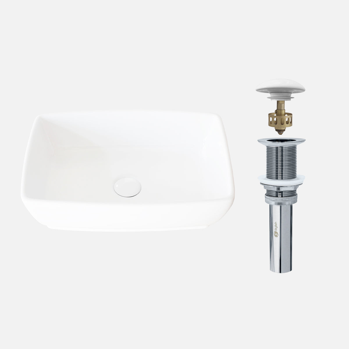 Stylish Contempo 19" White Glossy Rectangular Vessel Bathroom Sink with Ceramic Pop Up Drain P-220D