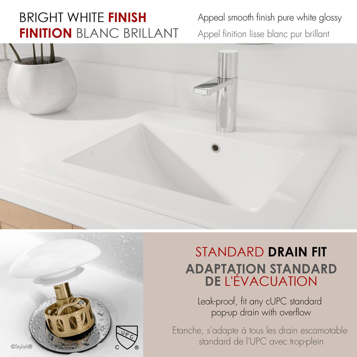 Stylish Elegant 21 1/4" Topmount White Glossy Basin Bathroom Sink P-211H