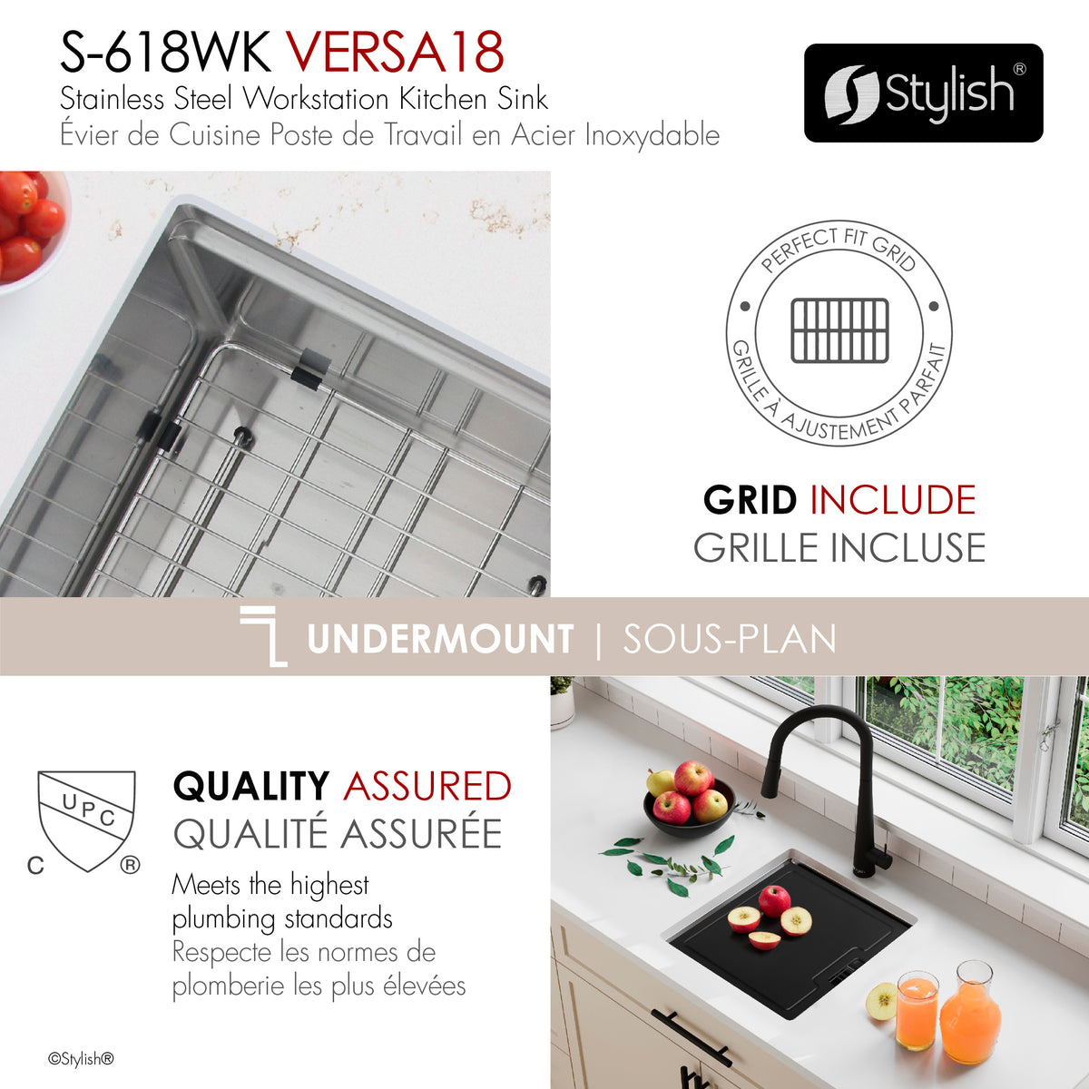 Stylish Versa 18" Workstation Single Bowl Undermount 16 Gauge Stainless Steel Kitchen Sink with Black Cutting Board Included S-618WK