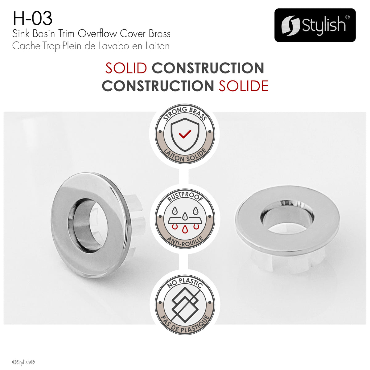 Stylish Chrome Sink Basin Trim Overflow H-03