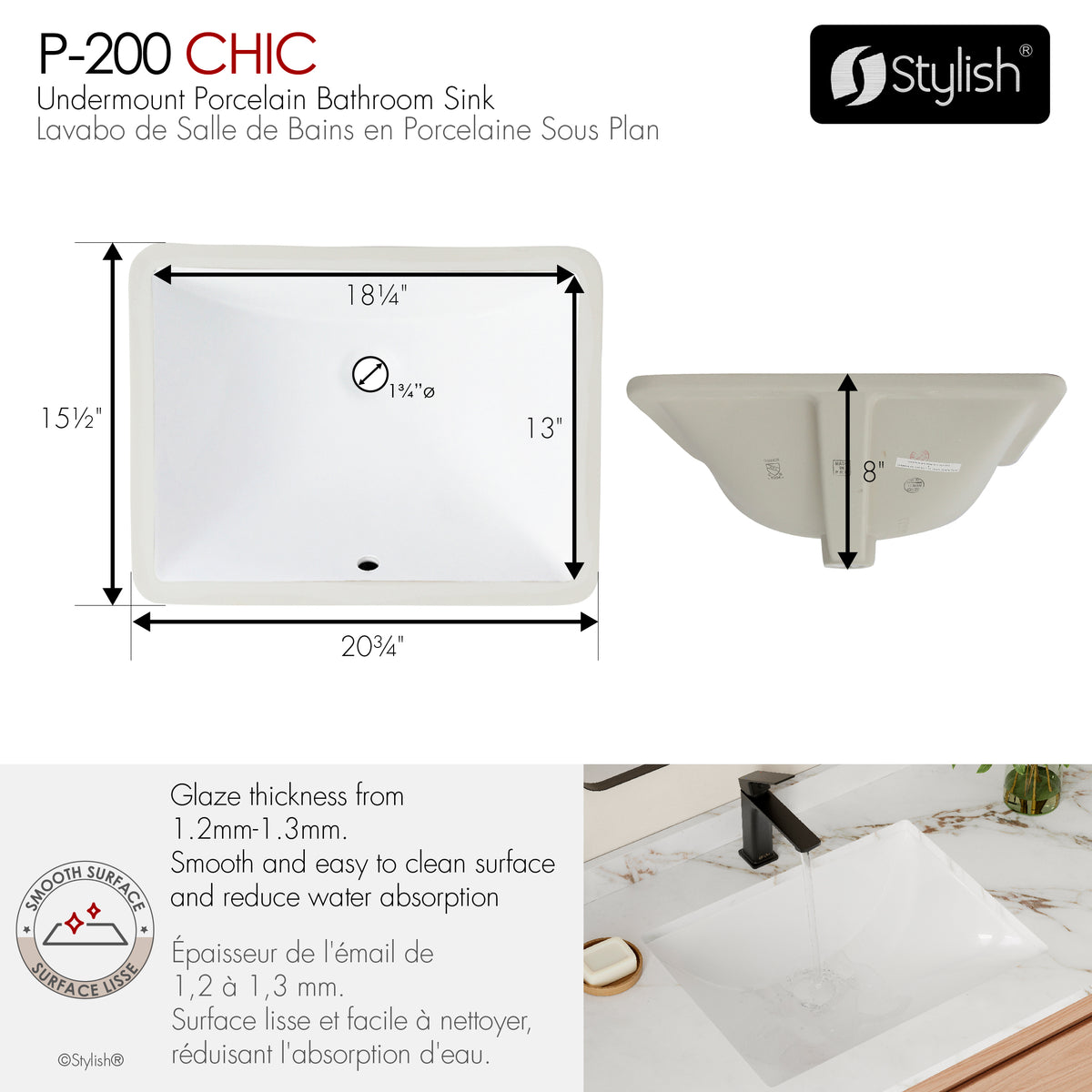 Stylish Chic White Porcelain Undermount Basin Bathroom Sink Set of 2 P-200-2