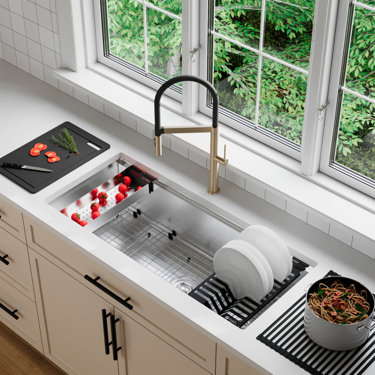 Stylish Versa 42" Workstation 70/30 Double Bowl Undermount 16 Gauge Stainless Steel Kitchen Sink with Black Accessories Included S-642WK