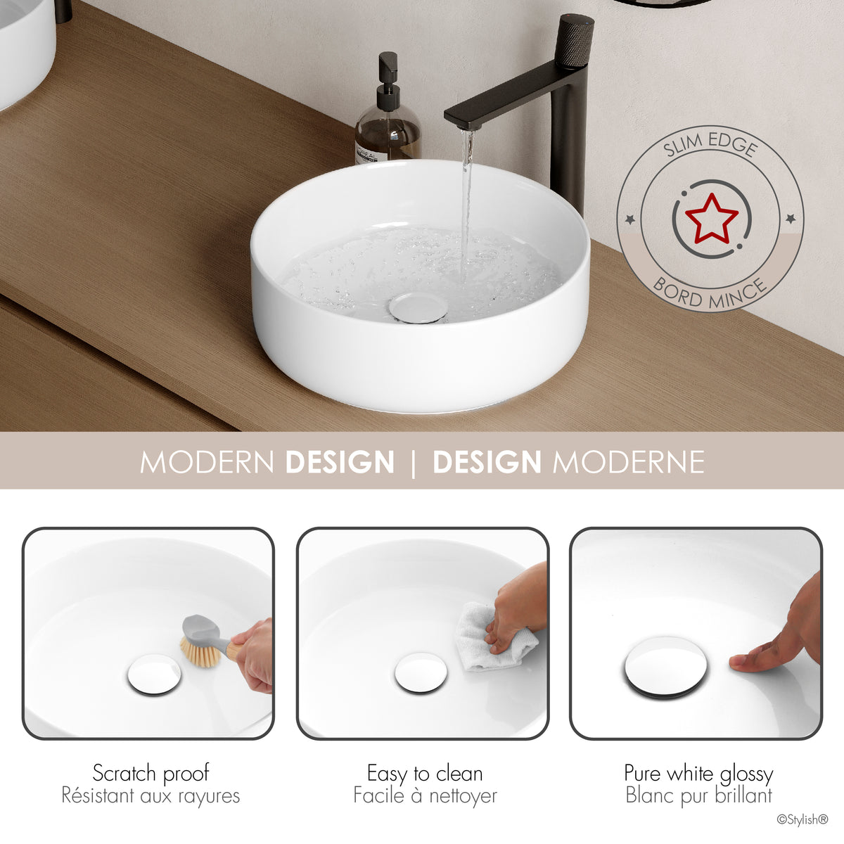 Stylish Upscale 14 1/8" White Glossy Round Vessel Bathroom Sink P-229H