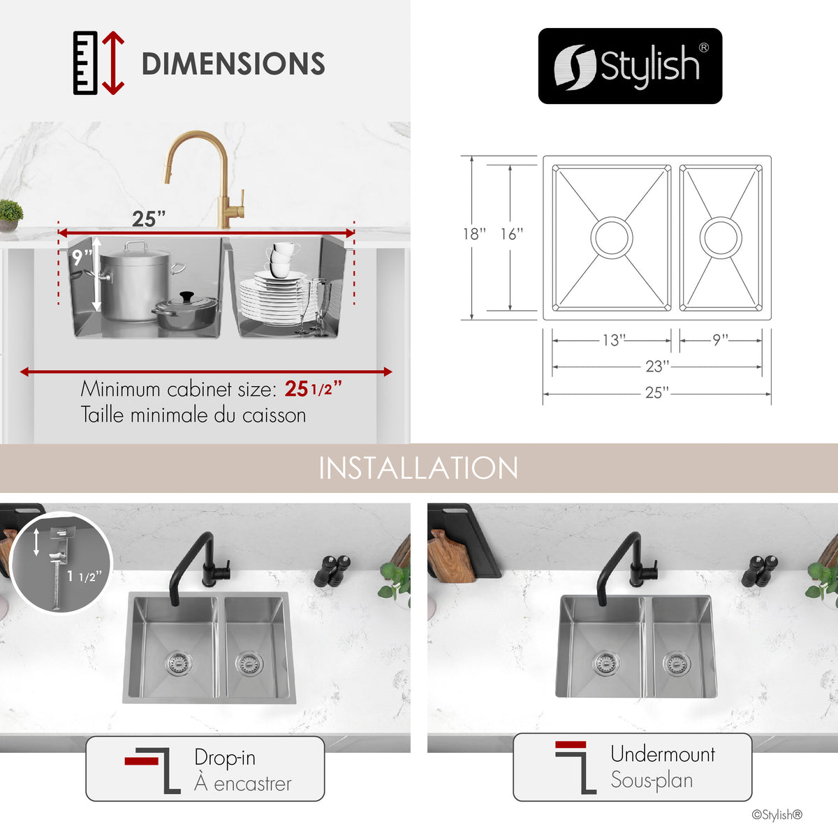 Stylish Altea 25" Dualmount Double Bowl Kitchen Sink 18 Gauge Stainless Steel with Grids and Standard Strainers S-425T