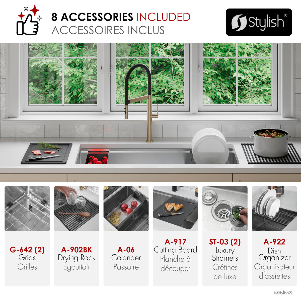 Stylish Versa 42" Workstation 70/30 Double Bowl Undermount 16 Gauge Stainless Steel Kitchen Sink with Black Accessories Included S-642WK