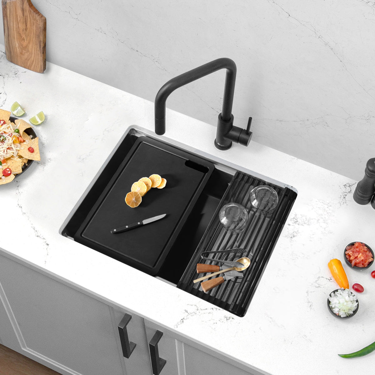 Stylish Versa 25" Workstation 60/40 Double Bowl Undermount 16 Gauge Stainless Steel Kitchen Sink with Black Accessories Included S-625WK