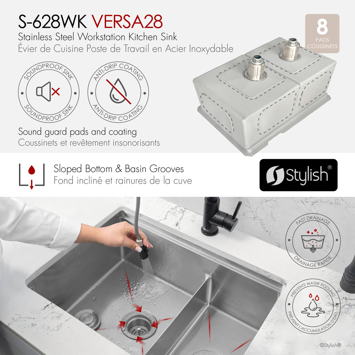 Stylish Versa 28" Workstation 60/40 Double Bowl Undermount 16 Gauge Stainless Steel Kitchen Sink with Black Accessories Included S-628WK