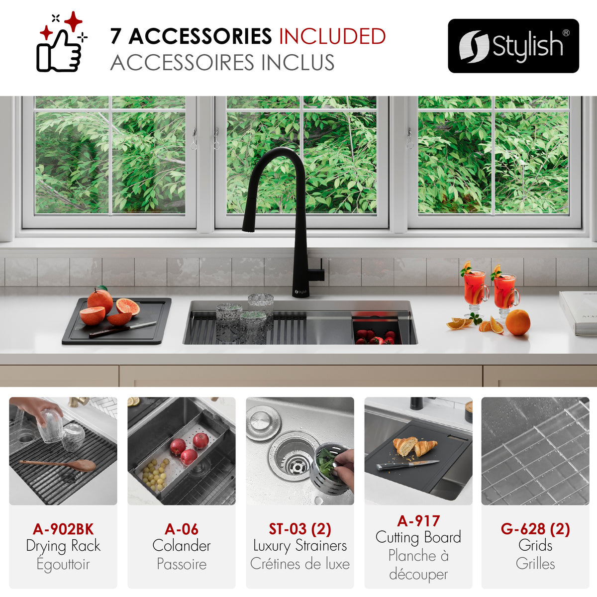 Stylish Versa 28" Workstation 60/40 Double Bowl Undermount 16 Gauge Stainless Steel Kitchen Sink with Black Accessories Included S-628WK