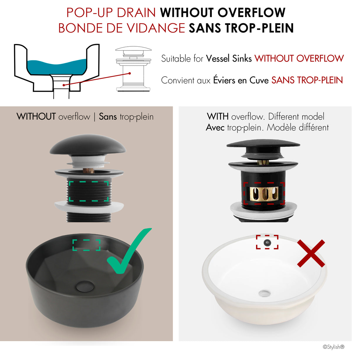 Stylish Vessel Sink Pop-Up Drain with Black Ceramic Cap Without Overflow D-702E