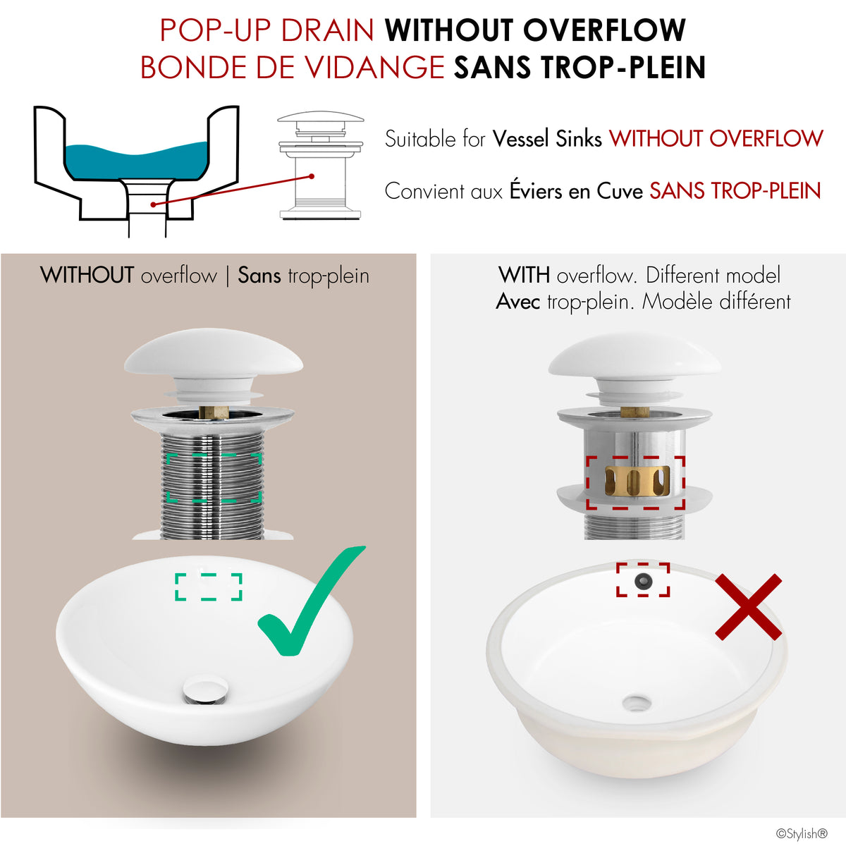Stylish Vessel Sink Pop-Up Drain with White Ceramic Cap Without Overflow Set of 2 D-702H-2