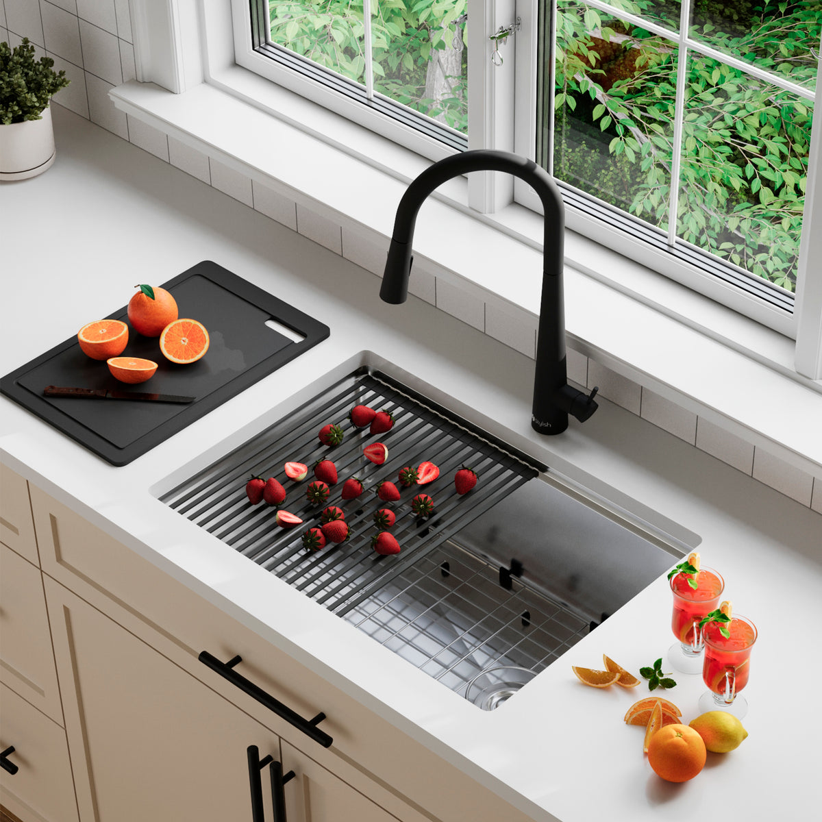 Stylish Versa 27" Workstation Single Bowl Undermount 16 Gauge Stainless Steel Kitchen Sink with Black Accessories Included S-627WK