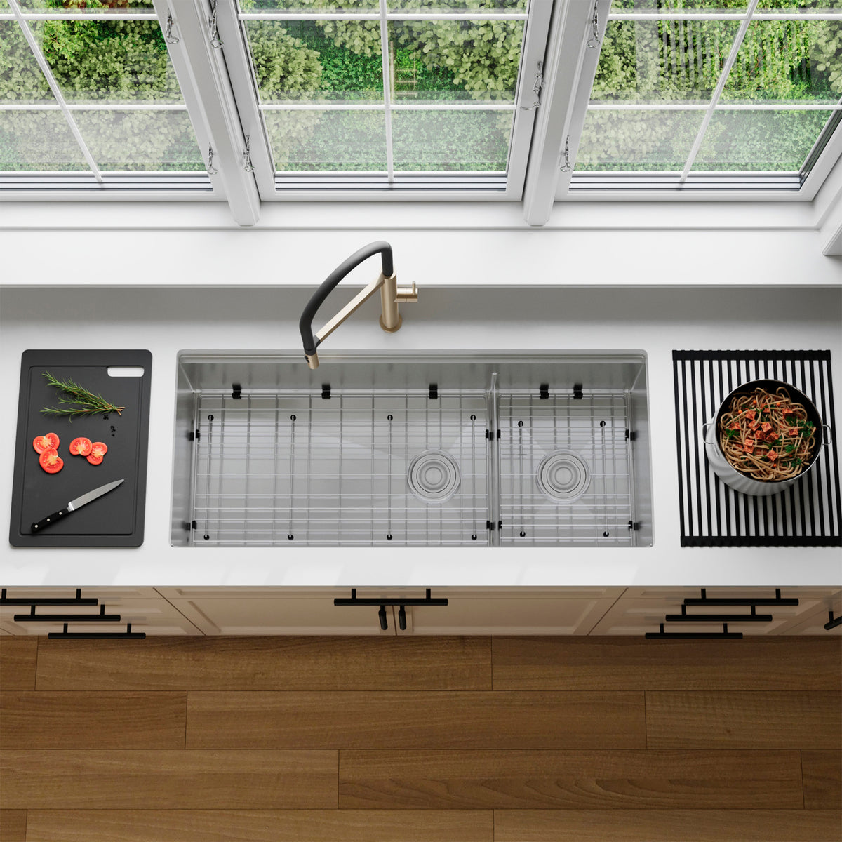Stylish Versa 42" Workstation 70/30 Double Bowl Undermount 16 Gauge Stainless Steel Kitchen Sink with Black Accessories Included S-642WK