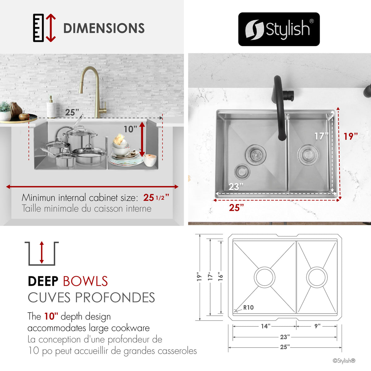 Stylish Versa 25" Workstation 60/40 Double Bowl Undermount 16 Gauge Stainless Steel Kitchen Sink with Black Accessories Included S-625WK