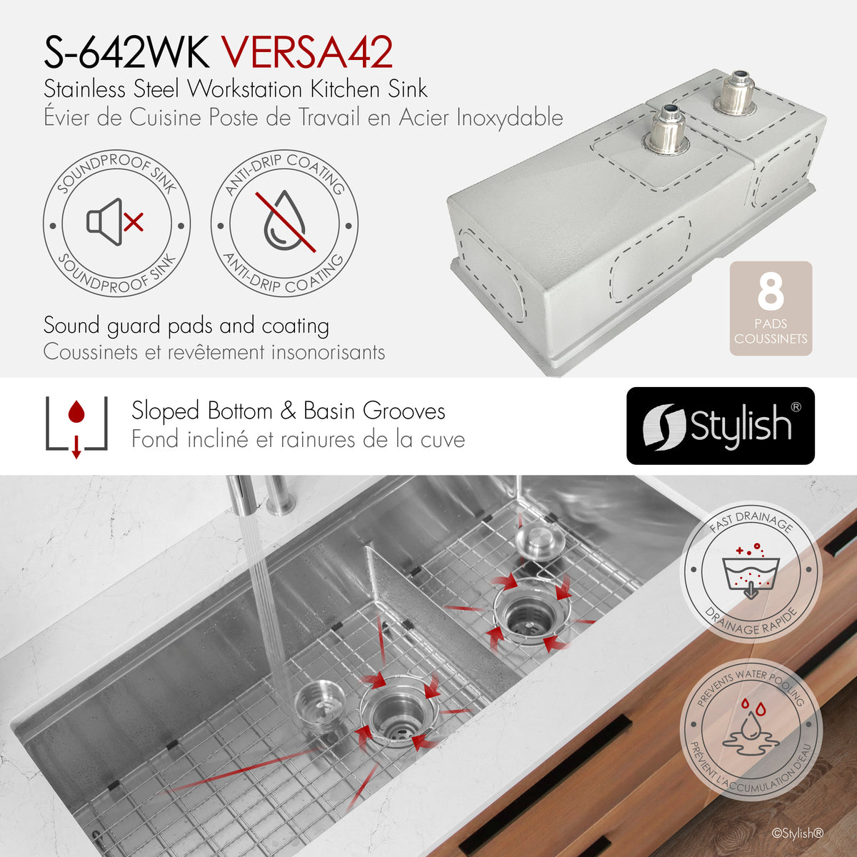 Stylish Versa 42" Workstation 70/30 Double Bowl Undermount 16 Gauge Stainless Steel Kitchen Sink with Black Accessories Included S-642WK