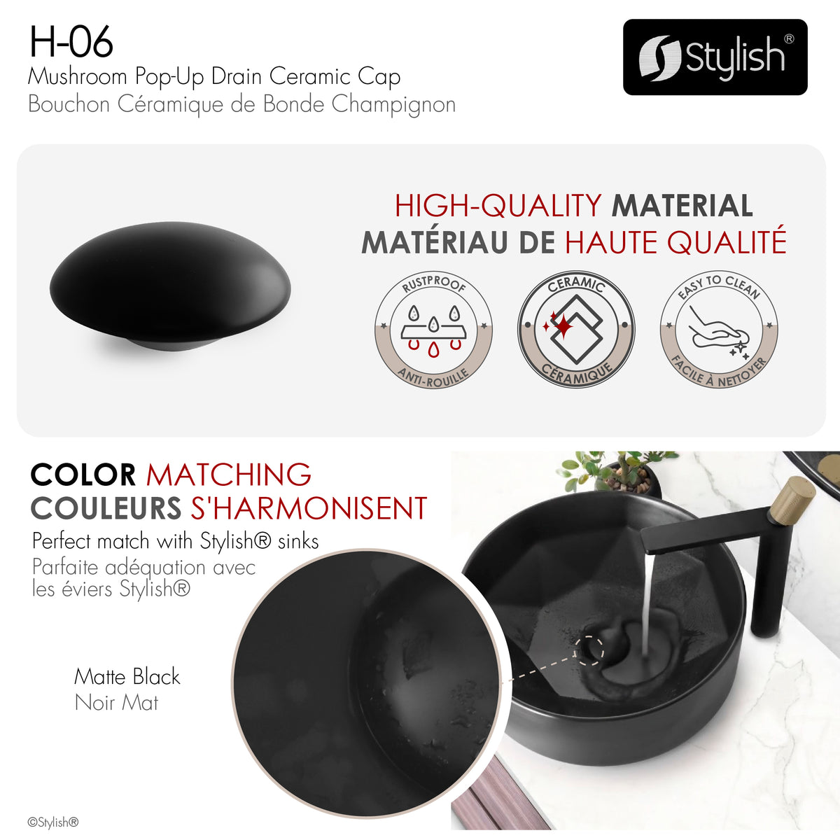 Stylish Pop-Up Drain Matte Black Ceramic Cap H-06