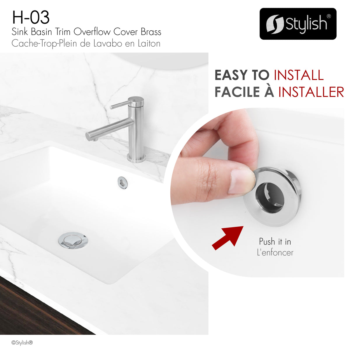 Stylish Chrome Sink Basin Trim Overflow H-03