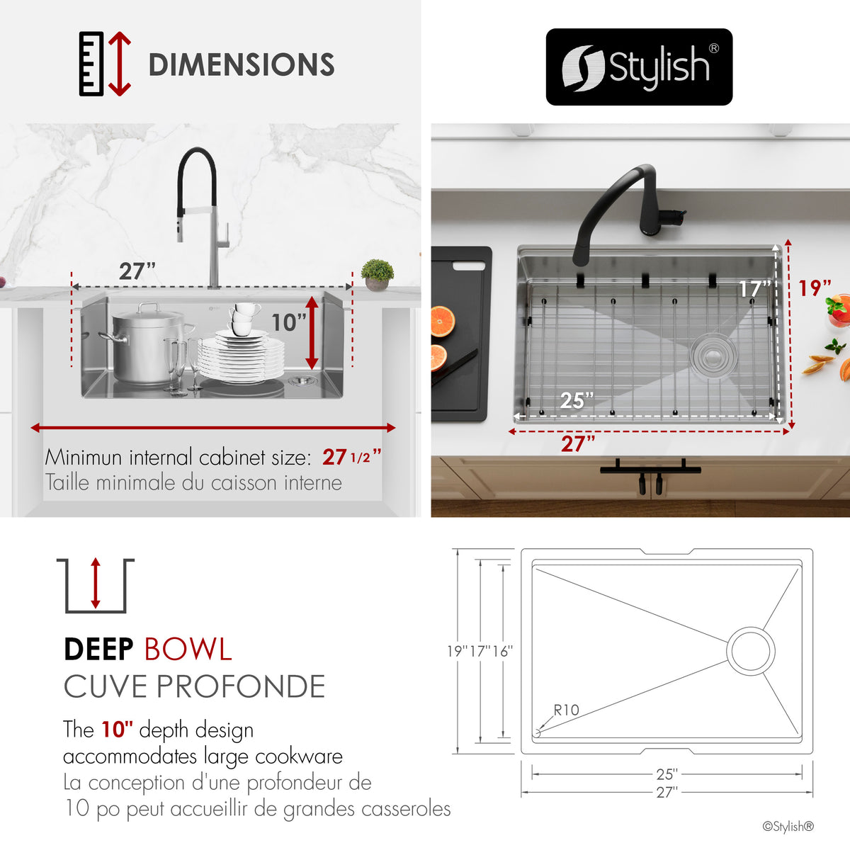 Stylish Versa 27" Workstation Single Bowl Undermount 16 Gauge Stainless Steel Kitchen Sink with Black Accessories Included S-627WK