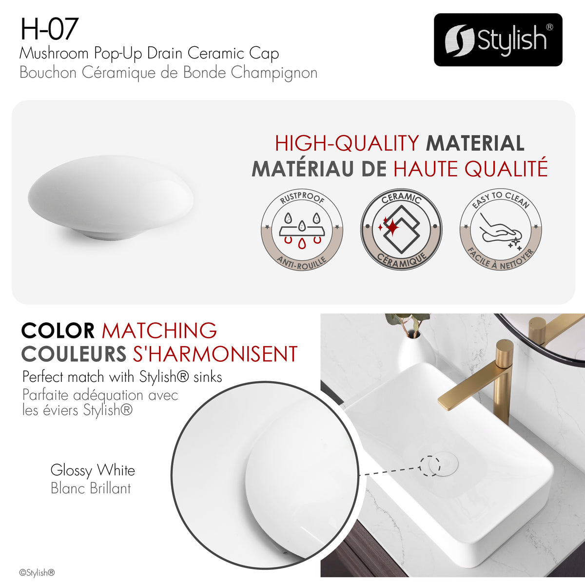 Stylish Pop-Up Drain Glossy White Ceramic Cap H-07