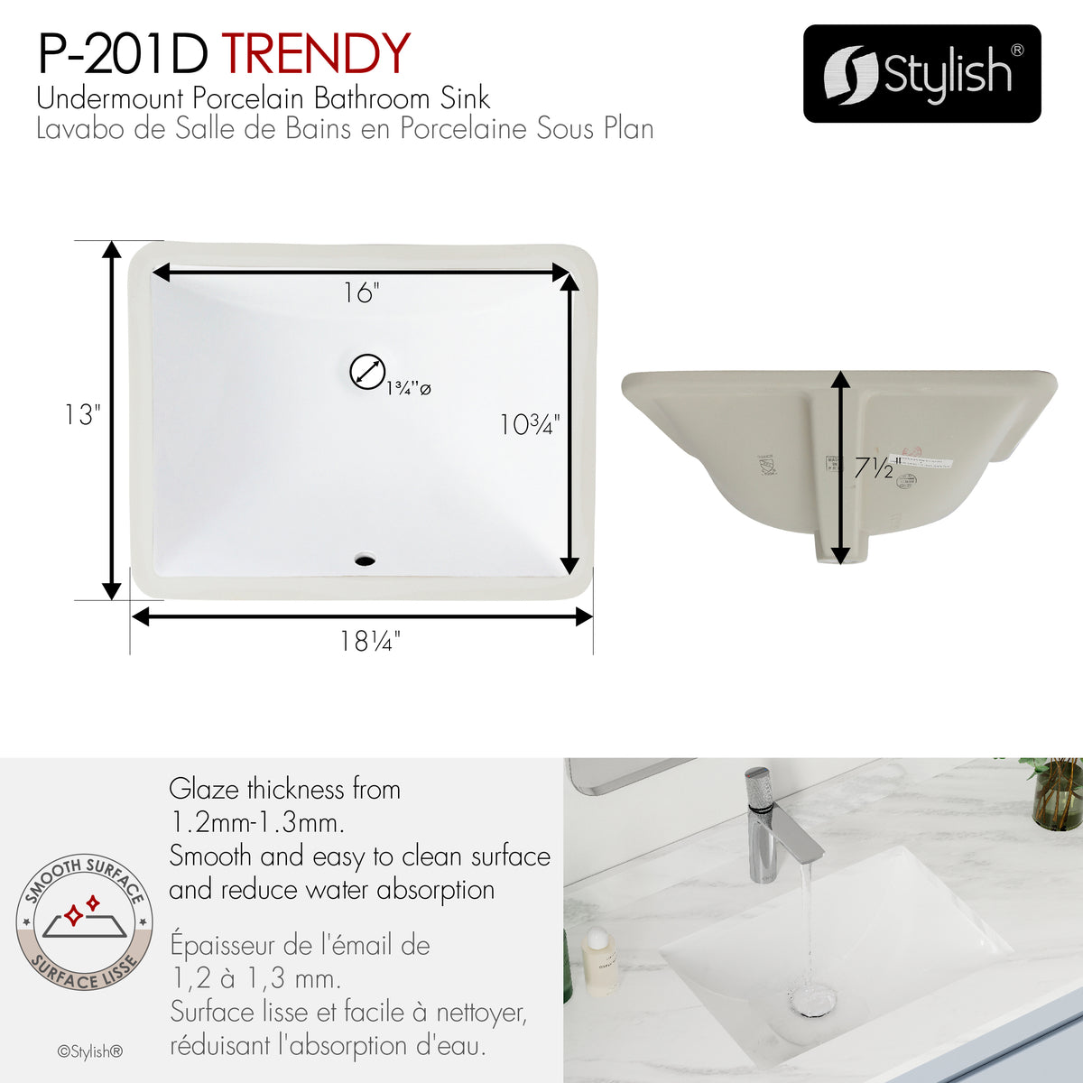 Stylish Trendy 18" White Porcelain Undermount Basin Bathroom Sink with Ceramic Pop Up Drain Included P-201D