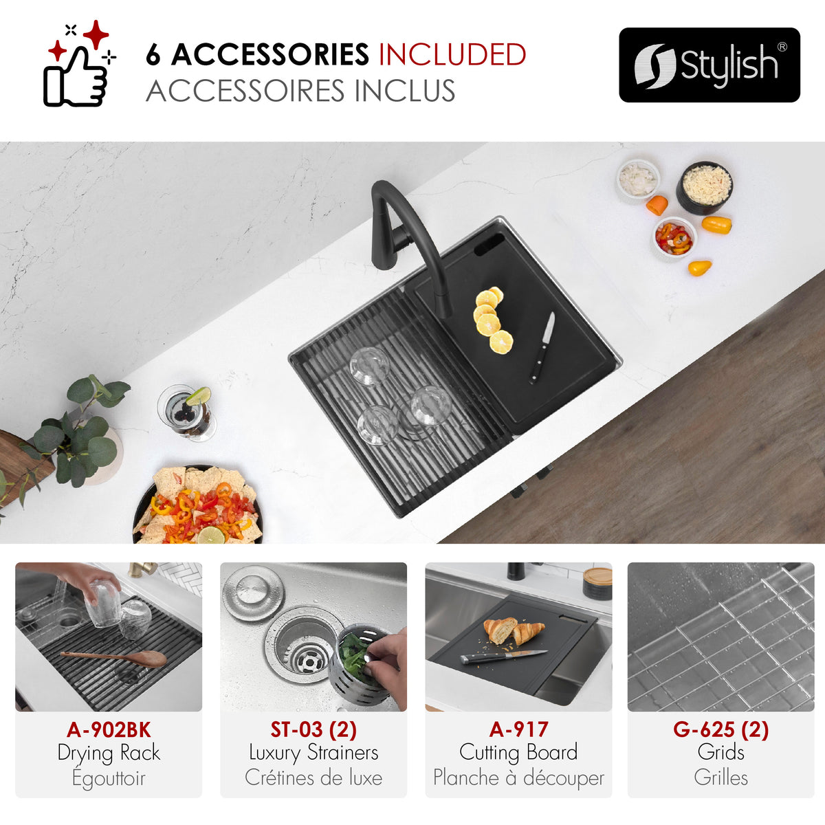 Stylish Versa 25" Workstation 60/40 Double Bowl Undermount 16 Gauge Stainless Steel Kitchen Sink with Black Accessories Included S-625WK