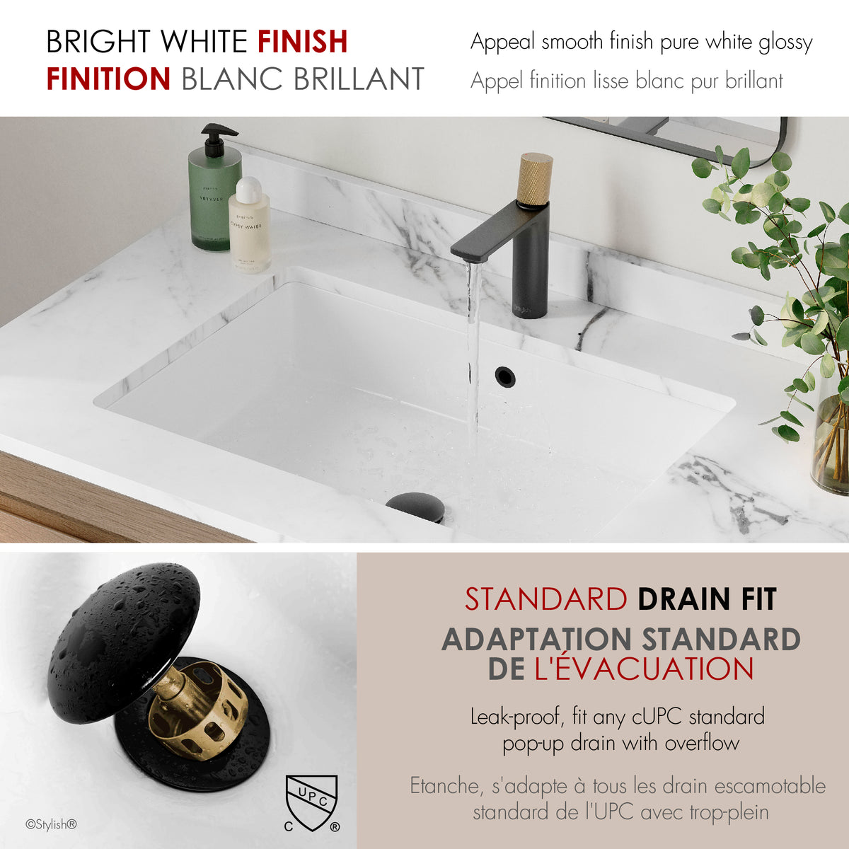 Stylish Voguish 24 1/2" White Rectangular Undermount Bathroom Sink P-208