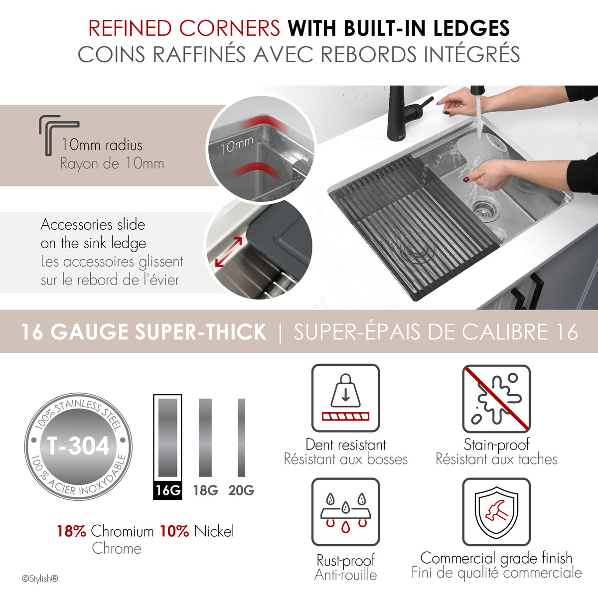 Stylish Versa 25" Workstation 60/40 Double Bowl Undermount 16 Gauge Stainless Steel Kitchen Sink with Black Accessories Included S-625WK