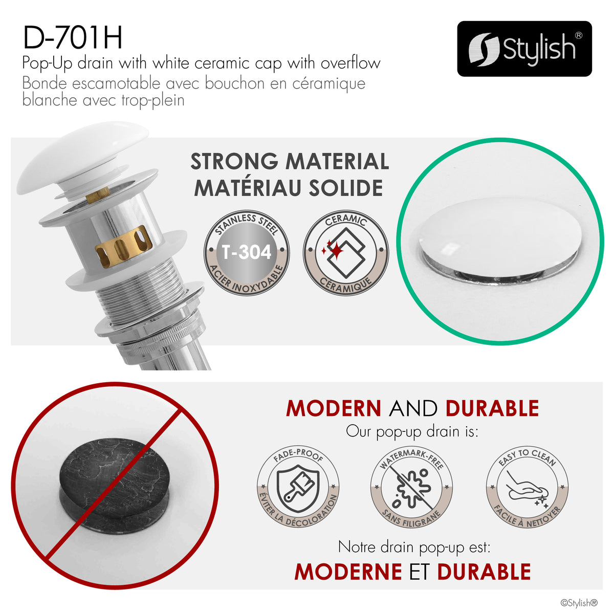 Stylish Undermount Sink Pop-Up Drain with White Ceramic Cap with Overflow D-701H