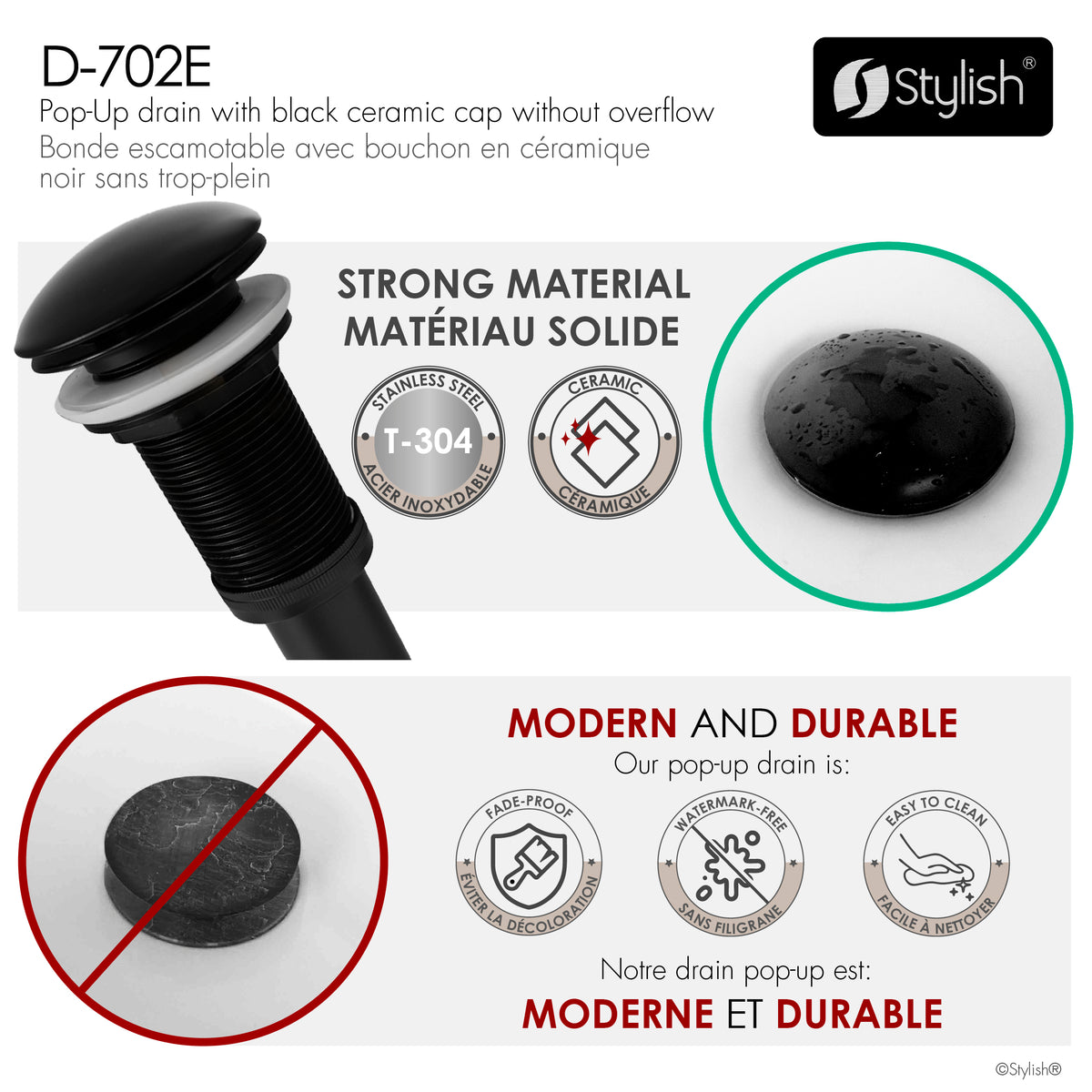 Stylish Vessel Sink Pop-Up Drain with Black Ceramic Cap Without Overflow D-702E