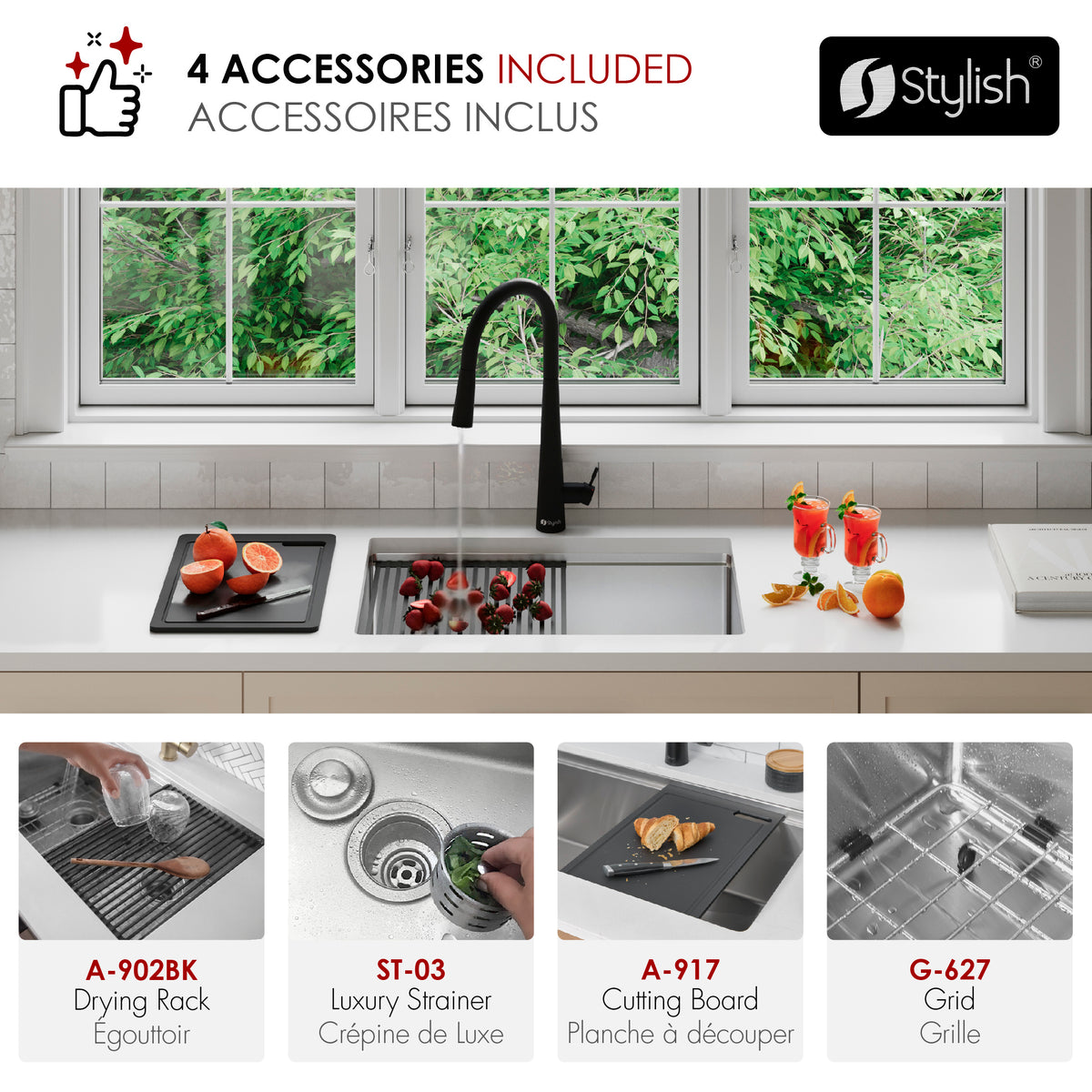 Stylish Versa 27" Workstation Single Bowl Undermount 16 Gauge Stainless Steel Kitchen Sink with Black Accessories Included S-627WK