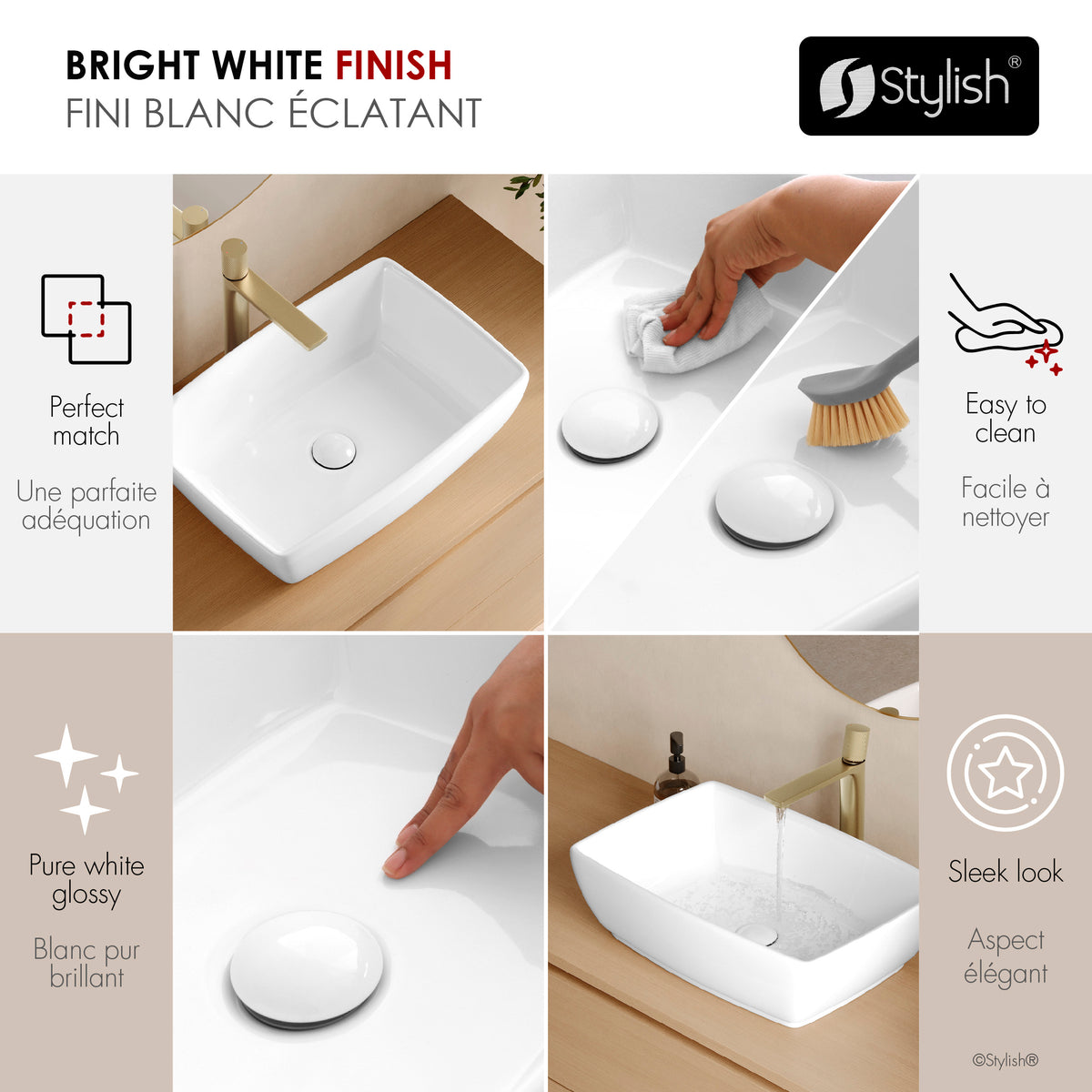 Stylish Contempo 19" White Glossy Rectangular Vessel Bathroom Sink with Ceramic Pop Up Drain P-220D