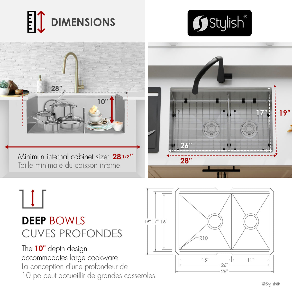 Stylish Versa 28" Workstation 60/40 Double Bowl Undermount 16 Gauge Stainless Steel Kitchen Sink with Black Accessories Included S-628WK