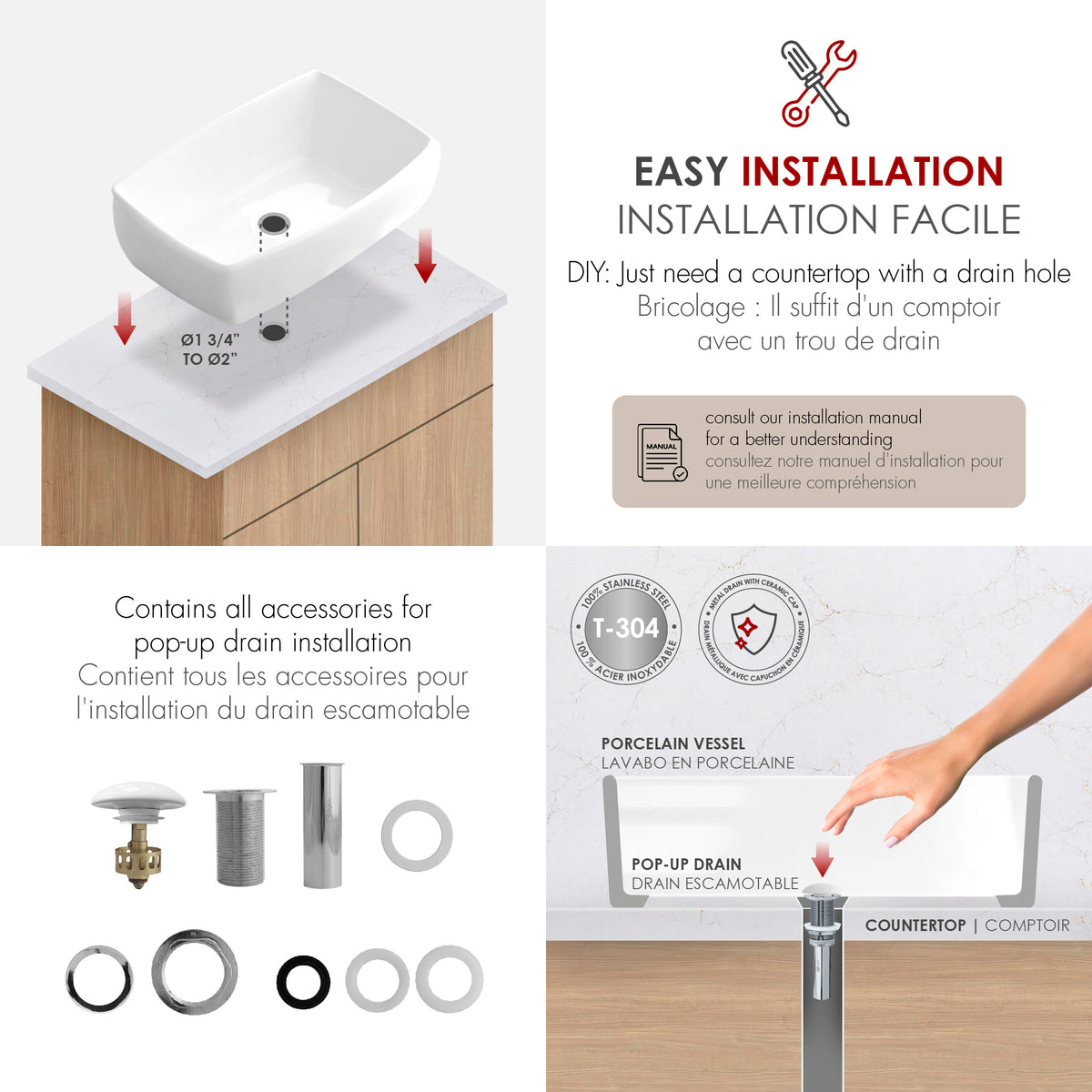 Stylish Contempo 19" White Glossy Rectangular Vessel Bathroom Sink with Ceramic Pop Up Drain P-220D