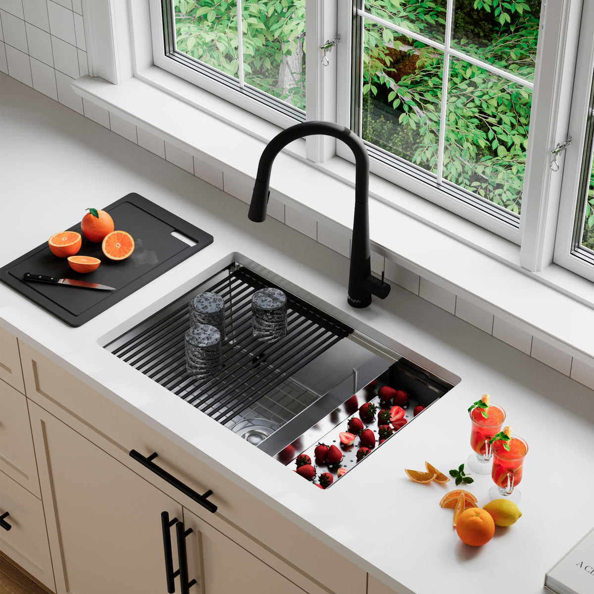 Stylish Versa 28" Workstation 60/40 Double Bowl Undermount 16 Gauge Stainless Steel Kitchen Sink with Black Accessories Included S-628WK