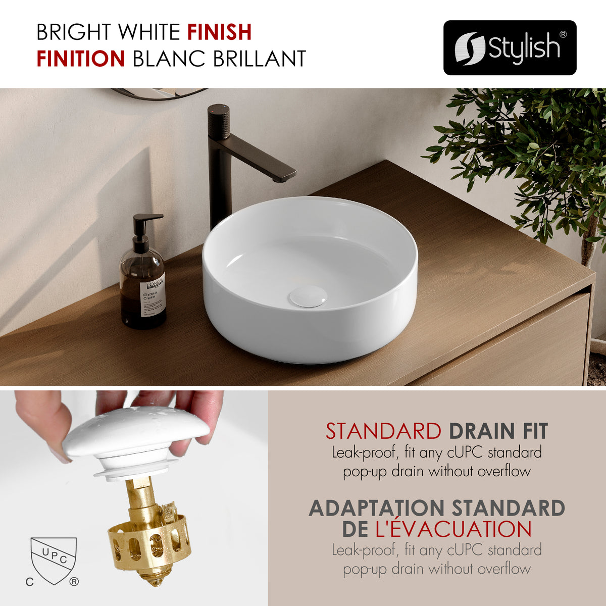 Stylish Upscale 14 1/8" White Glossy Round Vessel Bathroom Sink P-229H
